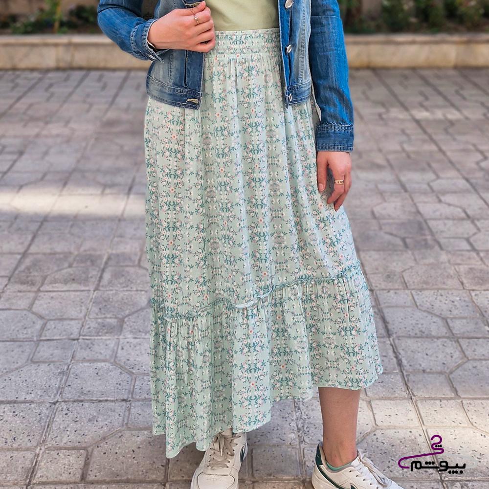 دامن چین‌دار گل‌گلی جنس کرپ حریر